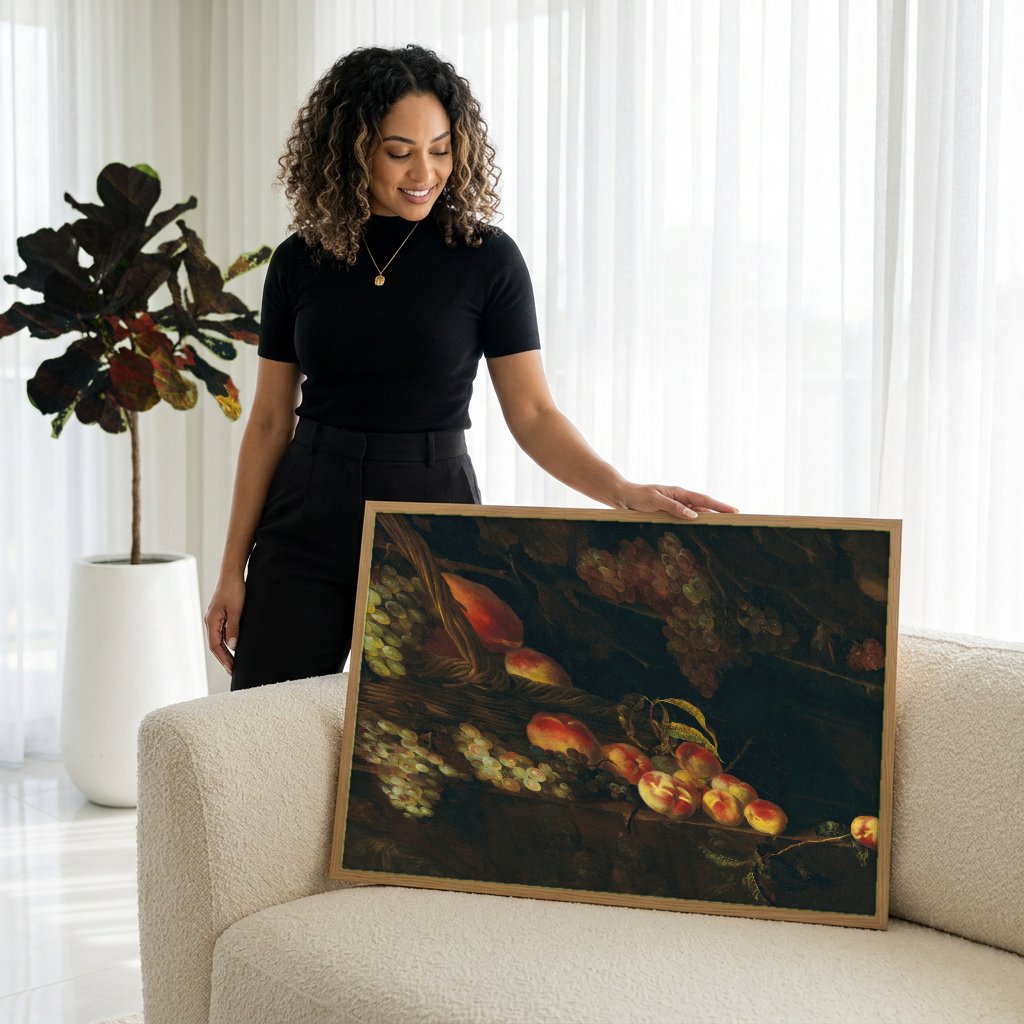 Quadro Decorativo Cesta de Frutas - Nicolas de Largillière com modelo em ambiente