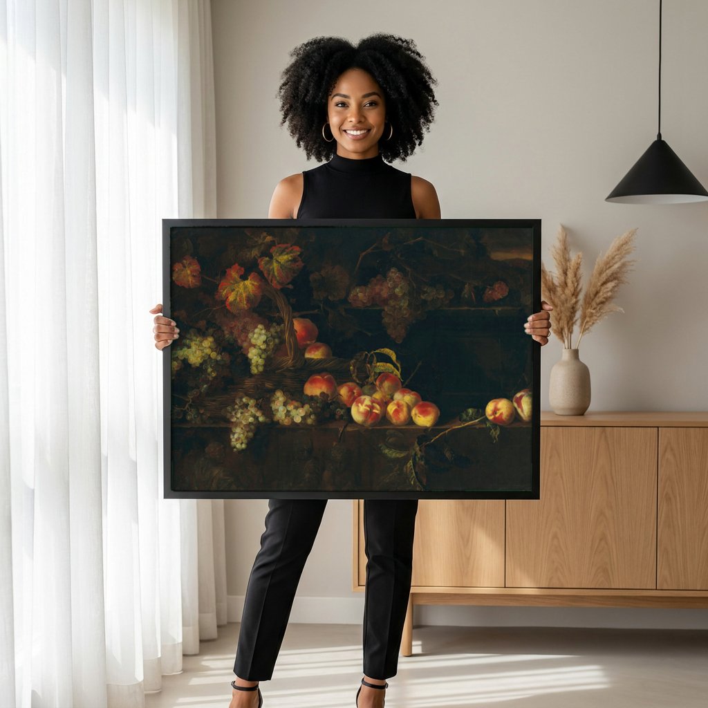 Quadro Decorativo Cesta de Frutas - Nicolas de Largillière com modelo em ambiente
