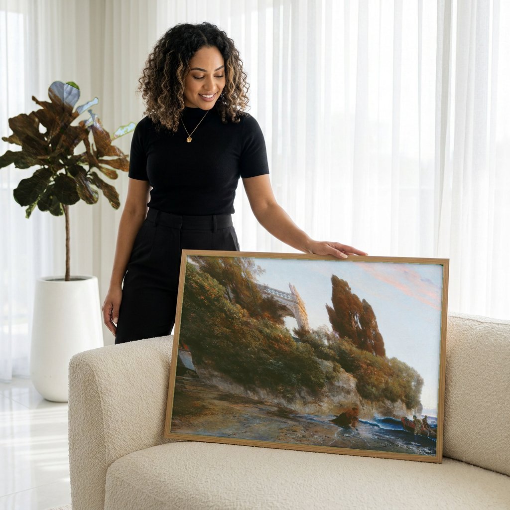 Quadro Decorativo A Praia da Vila - Arnold Böcklin com modelo em ambiente