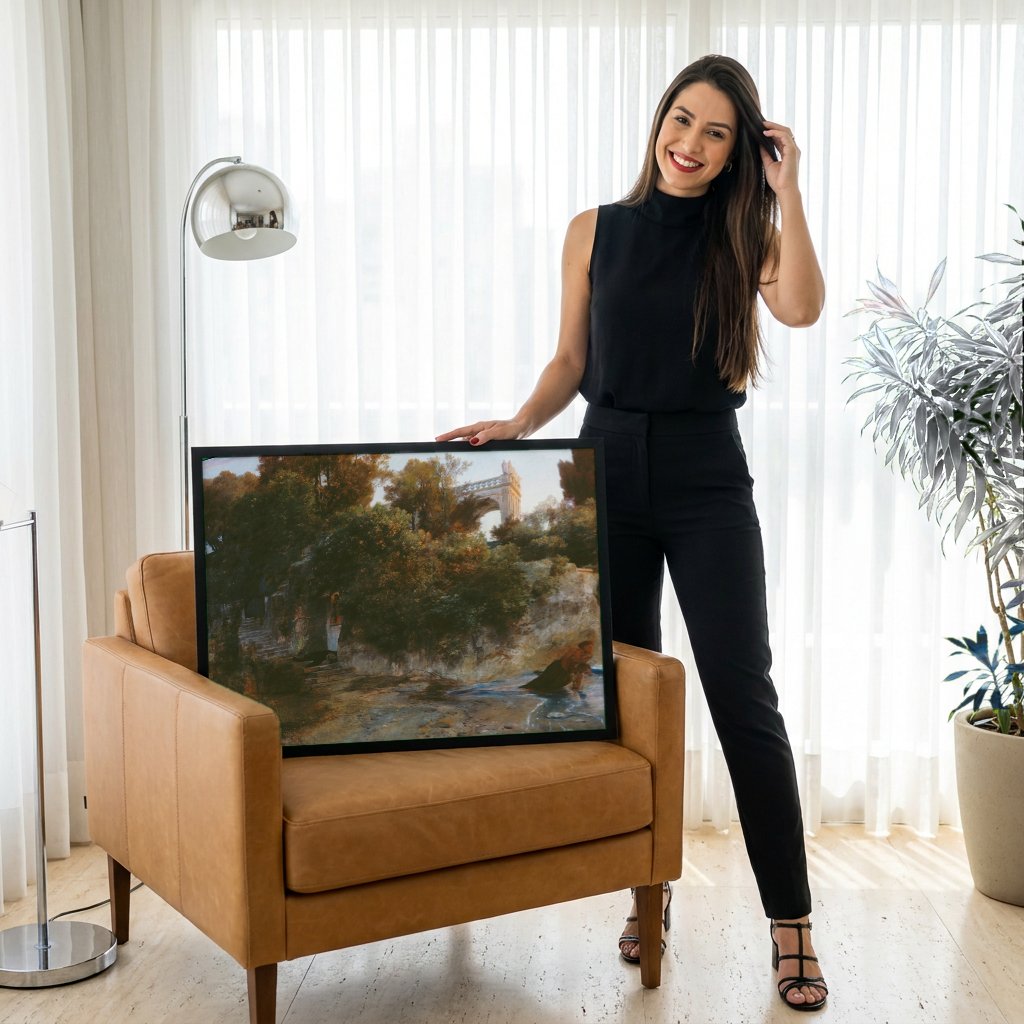 Quadro Decorativo A Praia da Vila - Arnold Böcklin com modelo em ambiente
