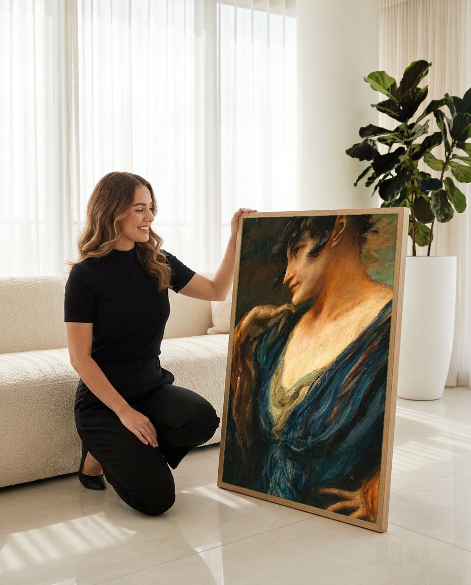 Quadro Decorativo A Dama de Azul - Leopold Schmutzler com modelo em ambiente