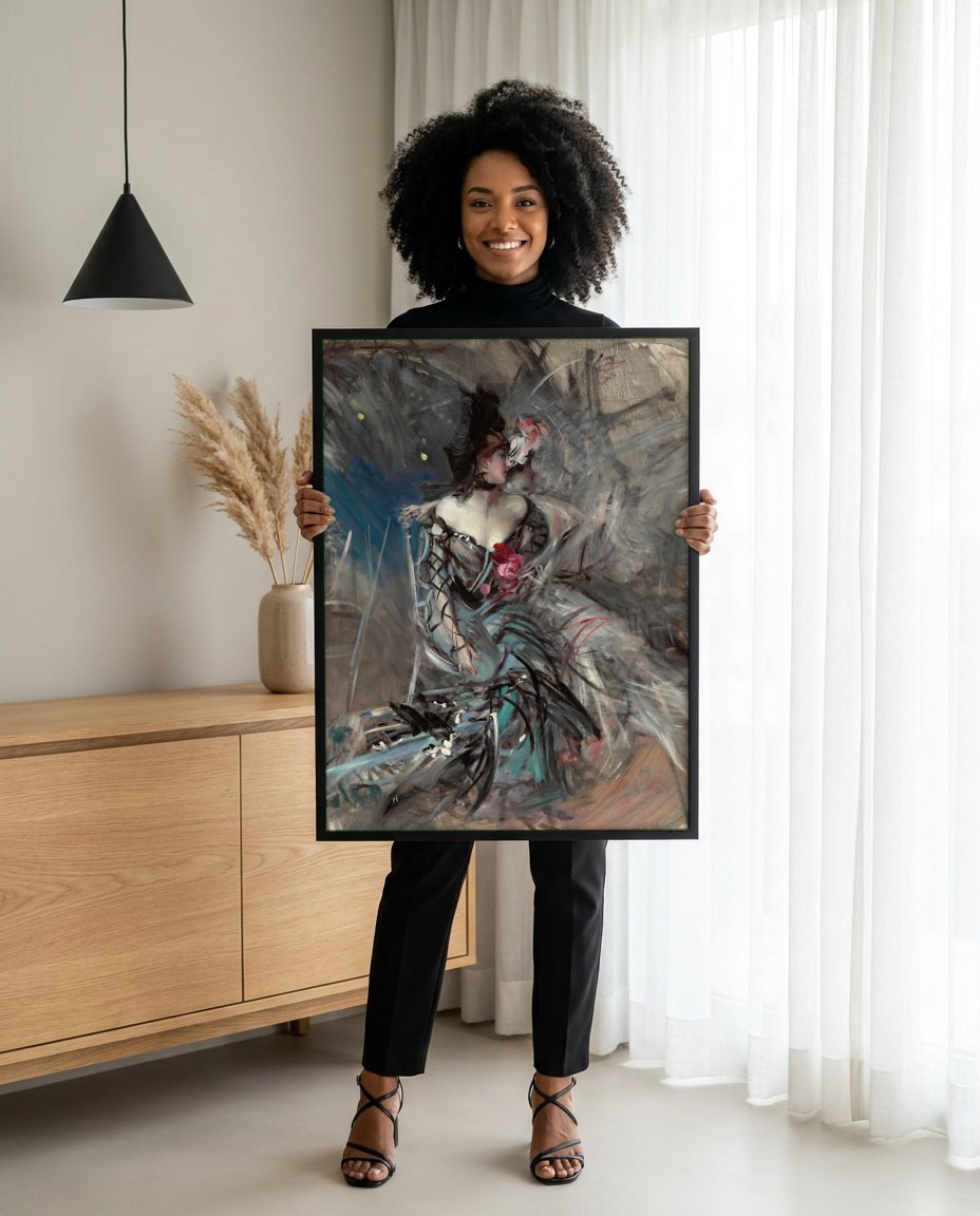Quadro Decorativo A Mulher de Preto – Boldini com modelo em ambiente