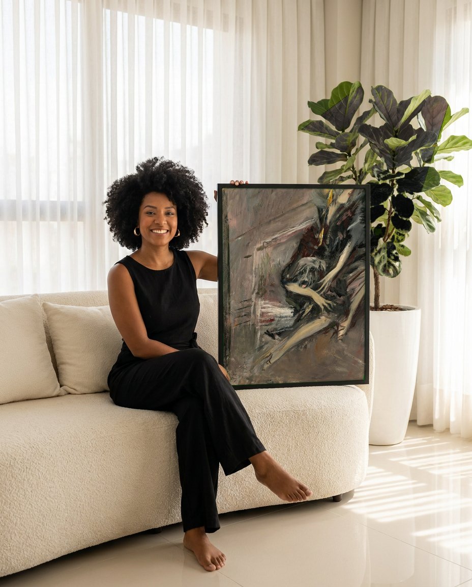 Quadro Decorativo Dama com Cachorro - Boldini com modelo em ambiente