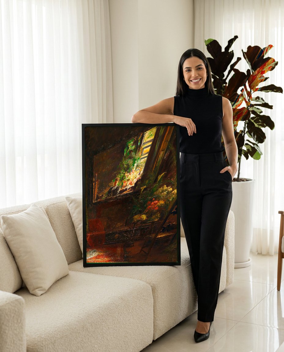 Quadro Decorativo Interior Iluminado - Olga Wisinger-Florian com modelo em ambiente