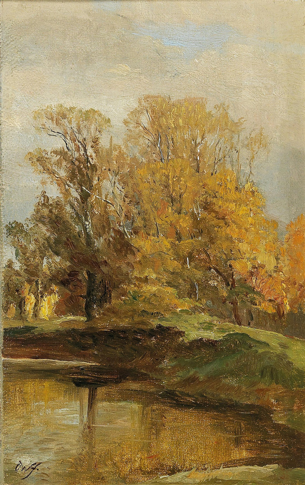 Pintura a óleo de uma paisagem outonal com árvores de folhagem amarela e dourada refletindo em um corpo d'água sob um céu nublado.