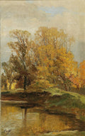 Pintura a óleo de uma paisagem outonal com árvores de folhagem amarela e dourada refletindo em um corpo d'água sob um céu nublado.
