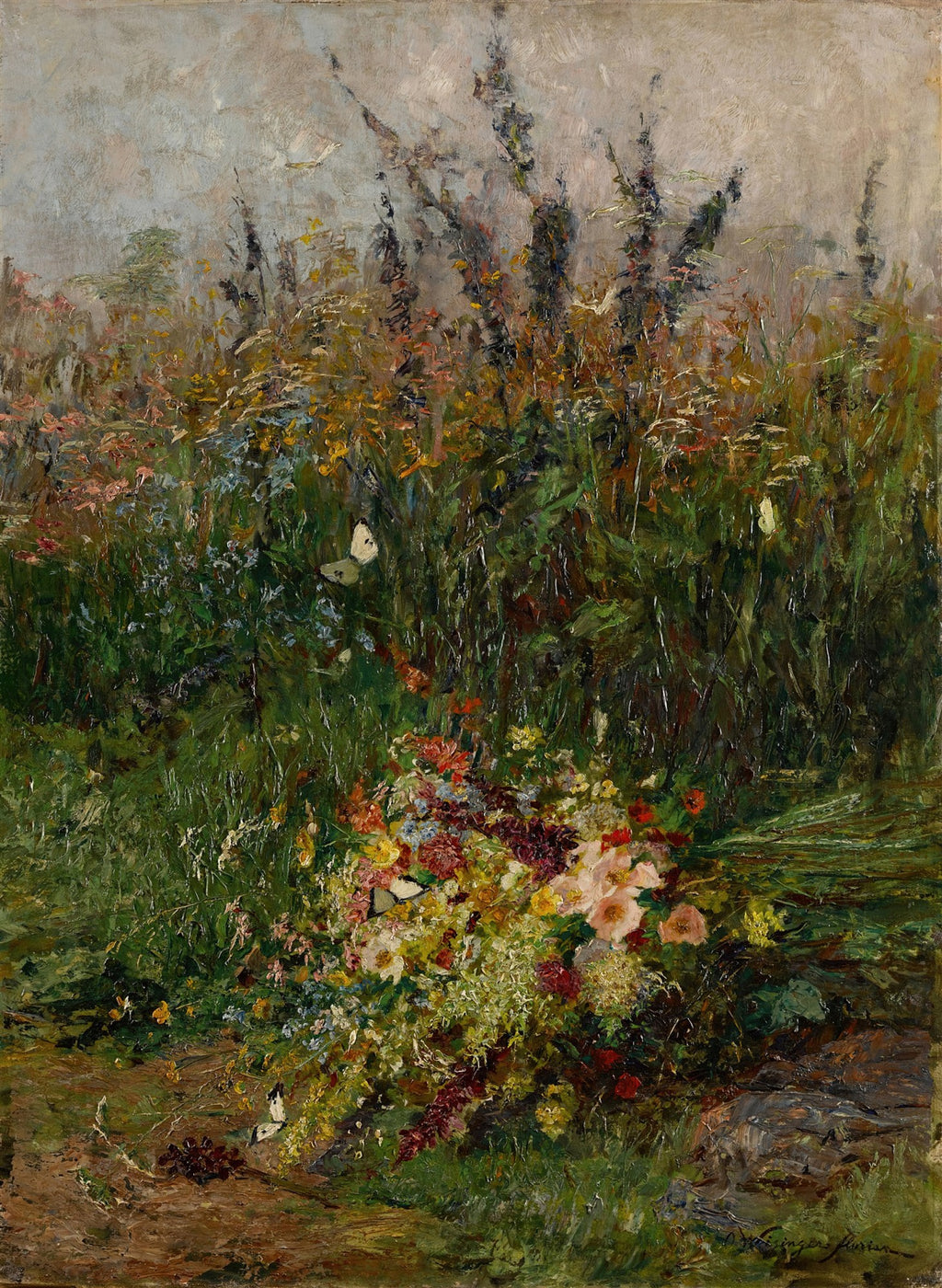 Quadro decorativo com pintura a óleo de um campo de flores selvagens, com tons de verde, rosa, amarelo e roxo. Borboletas brancas voam entre as flores e a grama alta. A luz parece ser de um dia nublado ou crepuscular.