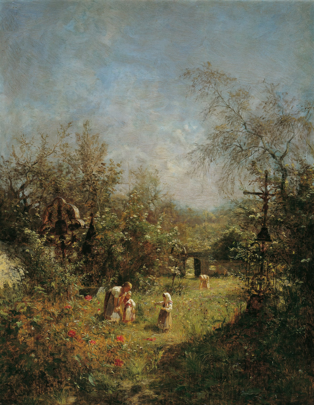 Pintura de Olga Wisinger-Florian, um jardim denso com vegetação rica, flores vermelhas e figuras femininas, sob um céu azul claro.