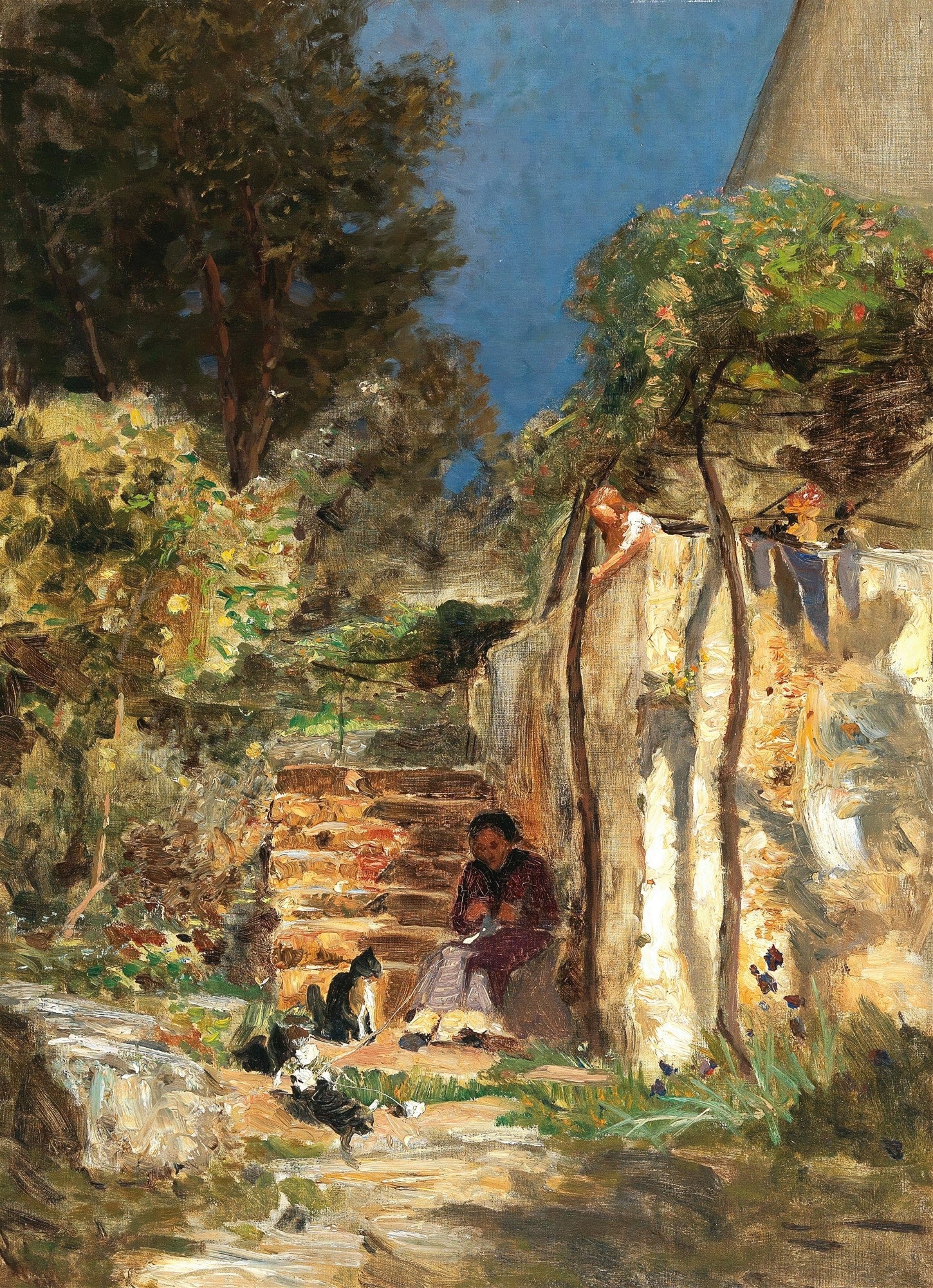Quadro decorativo mostrando uma mulher sentada em degraus de pedra, tecendo ou costurando, cercada por gatos em um jardim frondoso. Ao fundo, árvores e um céu azul intenso. A luz do sol ilumina parte da cena.