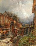 Pintura a óleo de um moinho de água rústico, com rodas d'água em movimento e edifícios de madeira sob um céu nublado e dramático, com fumaça saindo de uma chaminé. A técnica de pinceladas é visível, conferindo textura à obra. Olga Wisinger-Florian.