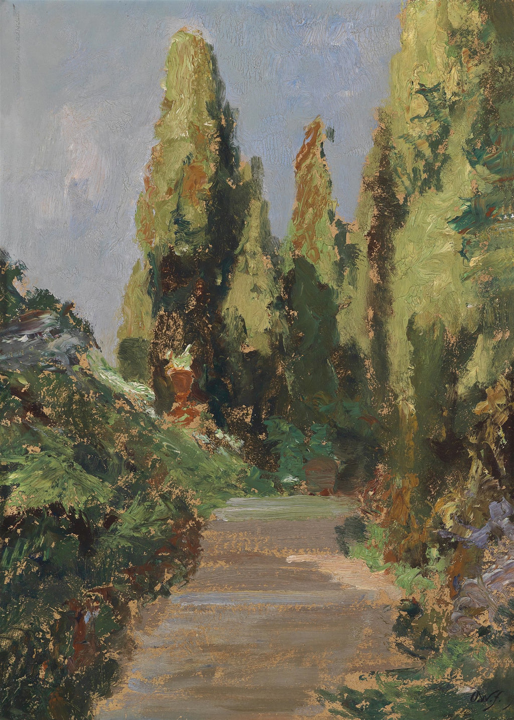 Pintura a óleo de um caminho de terra ladeado por ciprestes altos e densos, com folhagens verdes e marrons sob um céu nublado e acinzentado.