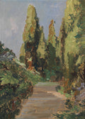 Pintura a óleo de um caminho de terra ladeado por ciprestes altos e densos, com folhagens verdes e marrons sob um céu nublado e acinzentado.