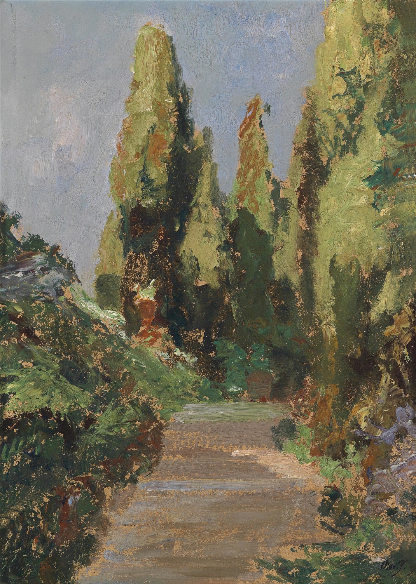 Pintura a óleo de um caminho de terra ladeado por ciprestes altos e densos, com folhagens verdes e marrons sob um céu nublado e acinzentado.
