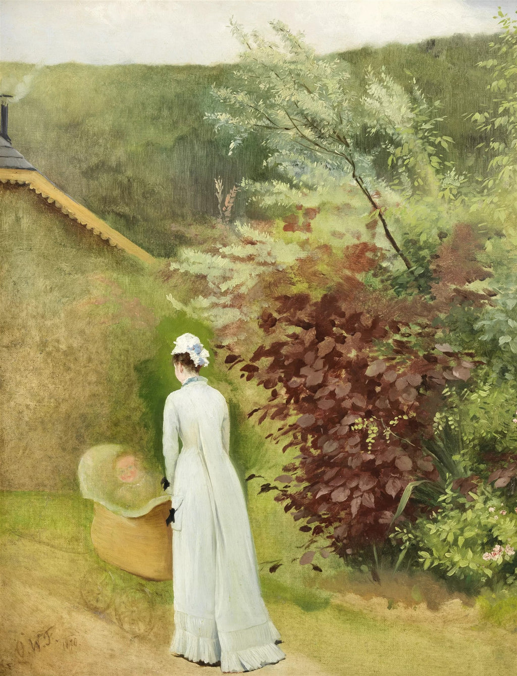 Quadro decorativo com pintura a óleo de uma mulher de costas empurrando um carrinho de bebê em um jardim, com uma casa ao fundo.