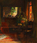 Quadro decorativo mostrando um interior com flores em vasos, um espelho refletindo um jardim e uma janela com vitral colorido, tudo banhado por intensa luz dourada. A assinatura da artista Olga Wisinger-Florian.