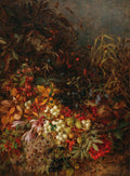 Uma pintura a óleo detalhada de uma natureza-morta com uma profusão de frutas silvestres e folhagens de outono. Há bagas vermelhas, pretas e brancas, folhas em tons de verde, amarelo e laranja, e pequenos cachos de flores e sementes. O fundo é escuro, realçando as cores vibrantes dos elementos naturais.