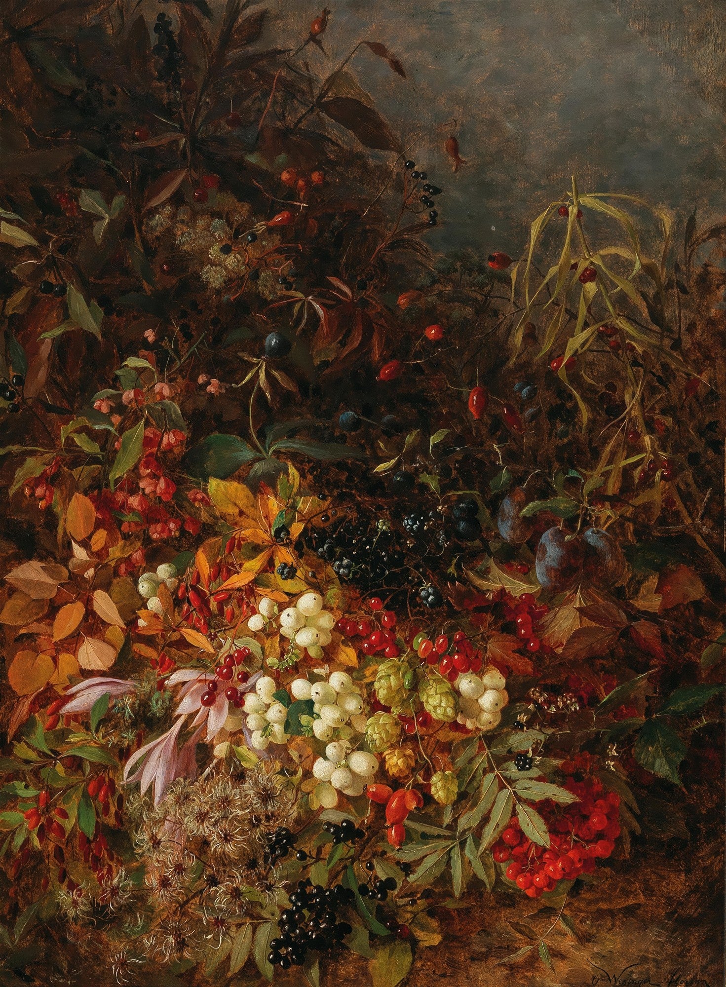 Uma pintura a óleo detalhada de uma natureza-morta com uma profusão de frutas silvestres e folhagens de outono. Há bagas vermelhas, pretas e brancas, folhas em tons de verde, amarelo e laranja, e pequenos cachos de flores e sementes. O fundo é escuro, realçando as cores vibrantes dos elementos naturais.