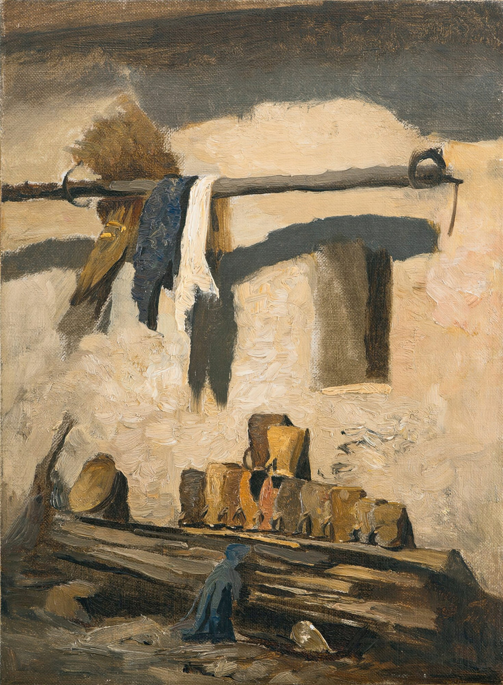Pintura a óleo de Olga Wisinger-Florian, retratando uma cena rústica com roupas secando em um varal e objetos sobre uma superfície de madeira, com paredes texturizadas e sombras profundas.