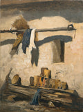 Pintura a óleo de Olga Wisinger-Florian, retratando uma cena rústica com roupas secando em um varal e objetos sobre uma superfície de madeira, com paredes texturizadas e sombras profundas.
