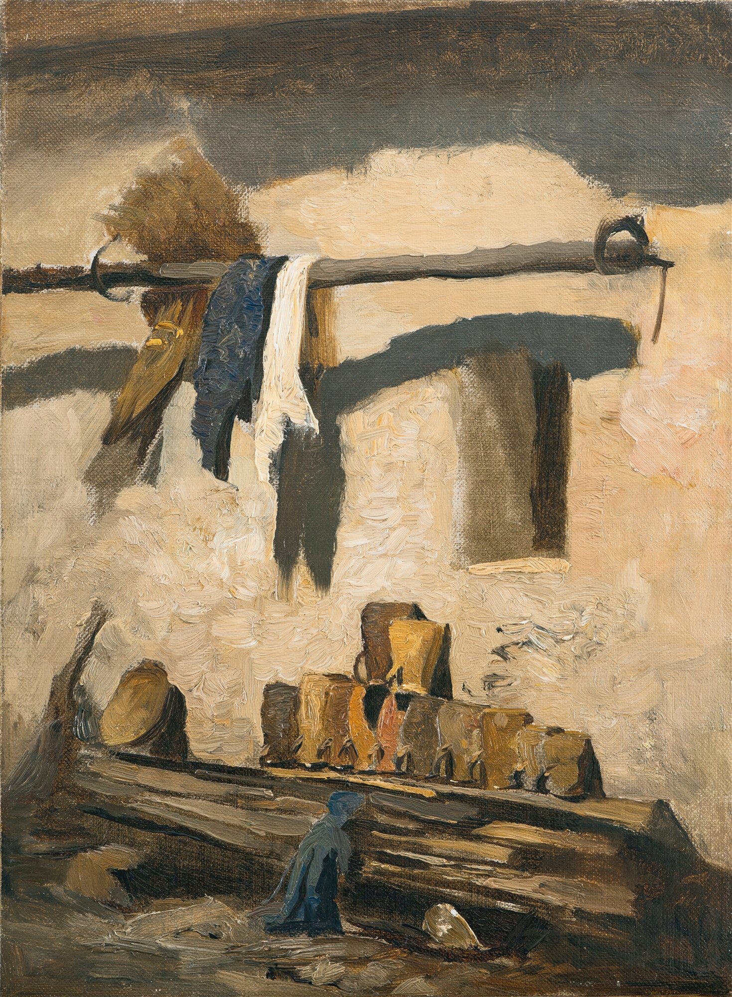 Pintura a óleo de Olga Wisinger-Florian, retratando uma cena rústica com roupas secando em um varal e objetos sobre uma superfície de madeira, com paredes texturizadas e sombras profundas.