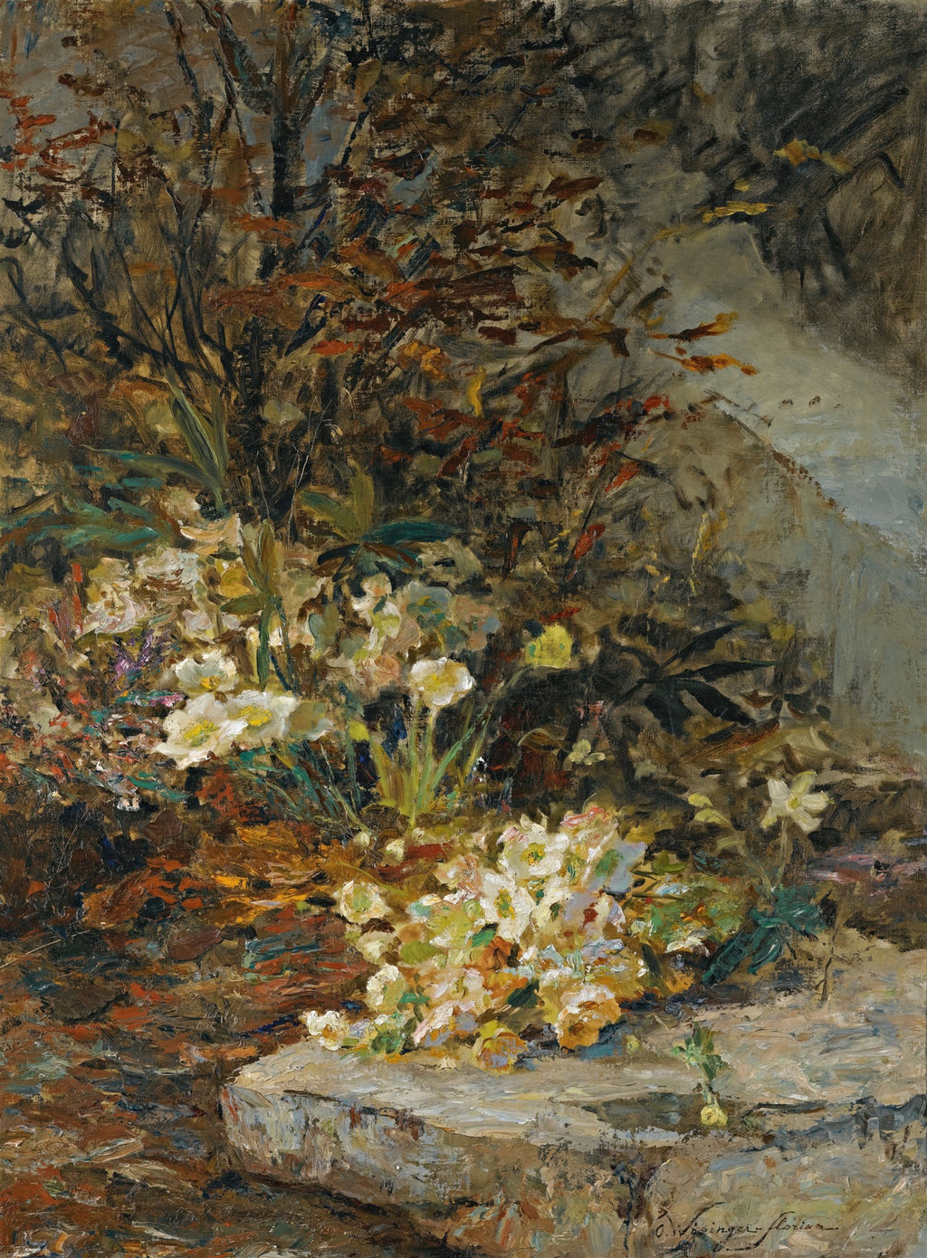 Pintura a óleo de Olga Wisinger-Florian mostrando flores brancas de inverno com folhagem de outono em tons de marrom e laranja, sobre uma superfície de pedra.