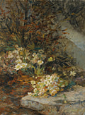 Pintura a óleo de Olga Wisinger-Florian mostrando flores brancas de inverno com folhagem de outono em tons de marrom e laranja, sobre uma superfície de pedra.