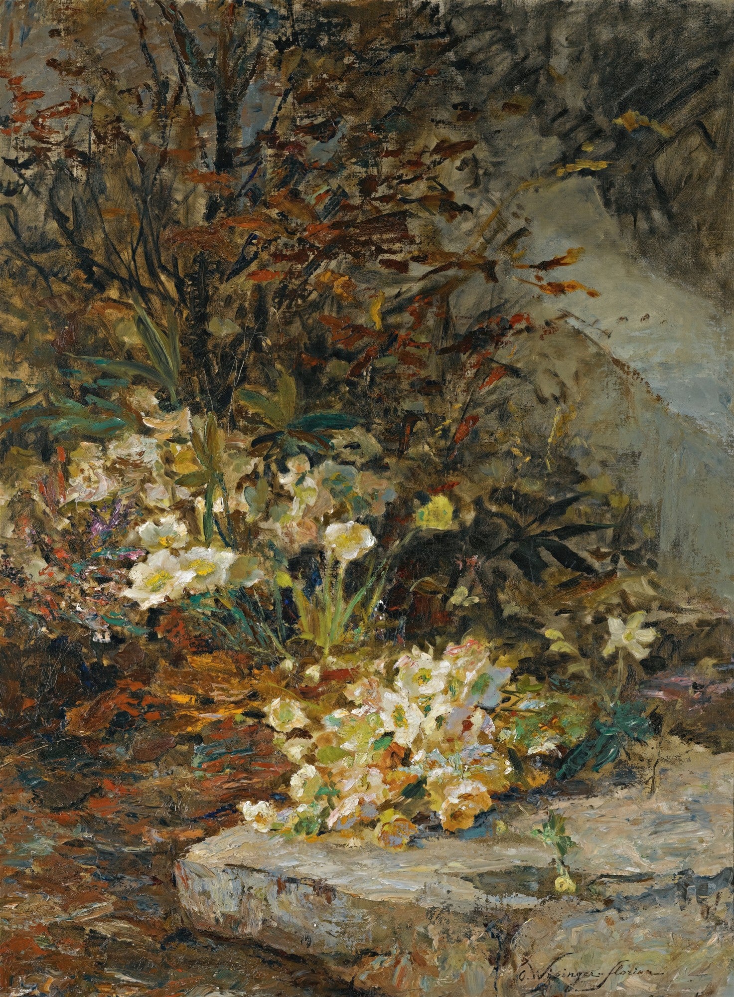 Pintura a óleo de Olga Wisinger-Florian mostrando flores brancas de inverno com folhagem de outono em tons de marrom e laranja, sobre uma superfície de pedra.