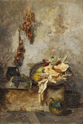 Pintura a óleo de natureza-morta de Olga Wisinger-Florian, com cebolas penduradas, frutas cítricas em uma travessa, uvas e uma abóbora no chão, com fundo texturizado.