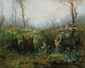 Pintura de paisagem com uma mulher de vestido azul e cabelos loiros, de costas, colhendo flores rosadas de uma árvore em um bosque com cerca de madeira e folhagem verde-escura, sob um céu claro e cinzento. Obra de Olga Wisinger-Florian.