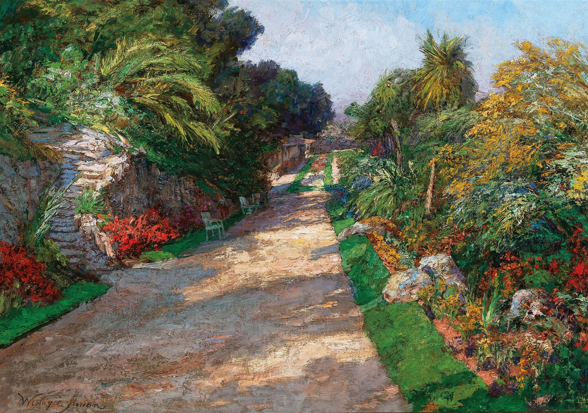 Pintura a óleo de um caminho de jardim ensolarado, com folhagens verdes vibrantes, flores vermelhas e amarelas, e bancos brancos à sombra. A luz do sol cria manchas de luz e sombra no caminho de terra.