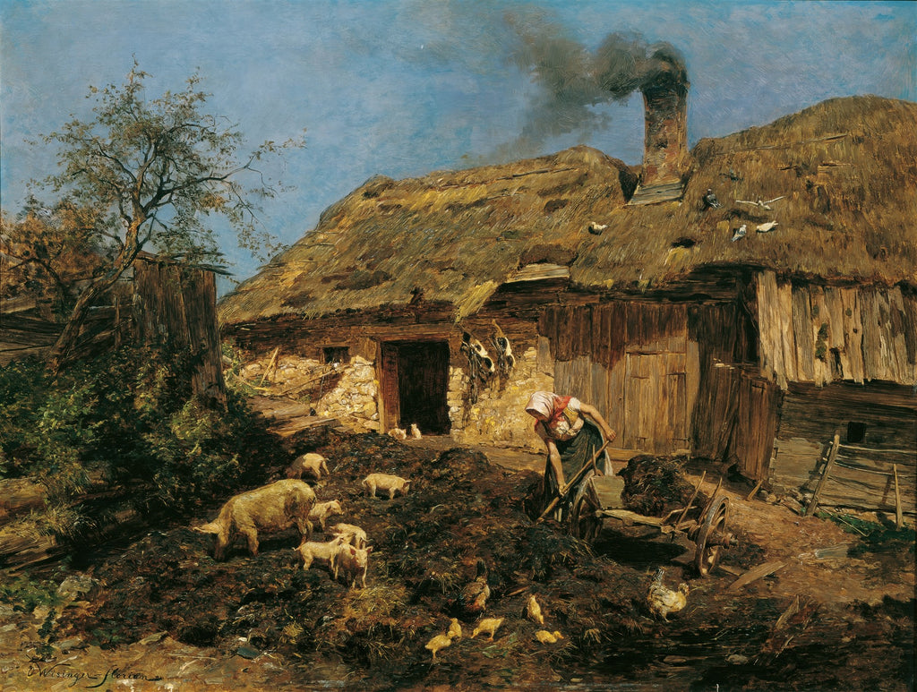 Quadro decorativo com mulher camponesa trabalhando em um pátio com porcos e galinhas, ao lado de uma casa rústica de telhado de palha, de Olga Wisinger-Florian.