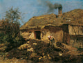 Quadro decorativo com mulher camponesa trabalhando em um pátio com porcos e galinhas, ao lado de uma casa rústica de telhado de palha, de Olga Wisinger-Florian.