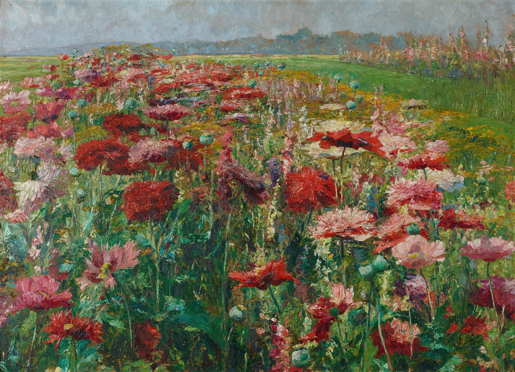Pintura a óleo de um vasto campo florido com papoulas vermelhas e rosas, com o céu cinzento ao fundo. As pinceladas são visíveis e expressivas, capturando a textura das flores e o movimento do campo.
