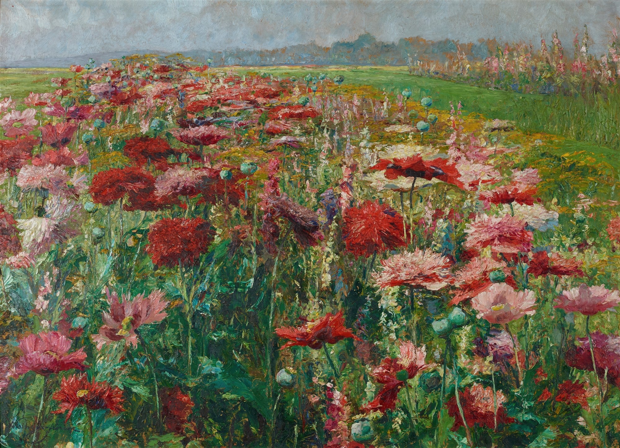Pintura a óleo de um vasto campo florido com papoulas vermelhas e rosas, com o céu cinzento ao fundo. As pinceladas são visíveis e expressivas, capturando a textura das flores e o movimento do campo.