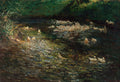 Pintura a óleo de Olga Wisinger-Florian retratando patos brancos nadando em um riacho de águas escuras e brilhantes, com vegetação densa e verde nas margens.