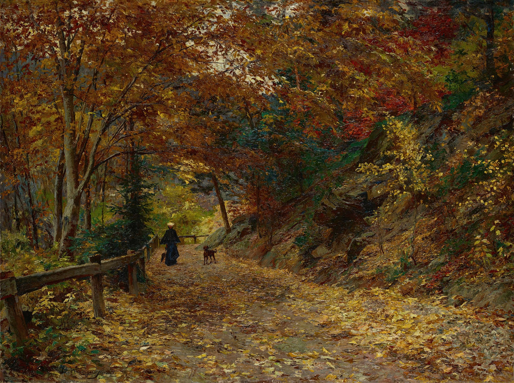Pintura a óleo de um caminho na floresta durante o outono, com folhas douradas cobrindo o chão e árvores com folhagem em tons de marrom, laranja e verde. Uma figura solitária com um chapéu caminha com um cão à frente.