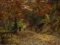 Pintura a óleo de um caminho na floresta durante o outono, com folhas douradas cobrindo o chão e árvores com folhagem em tons de marrom, laranja e verde. Uma figura solitária com um chapéu caminha com um cão à frente.