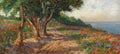 Pintura a óleo de um campo florido à beira-mar, com árvores frondosas à esquerda e um caminho no centro. As flores são predominantemente vermelhas e roxas, e o mar azul claro ao fundo encontra um céu nublado.
