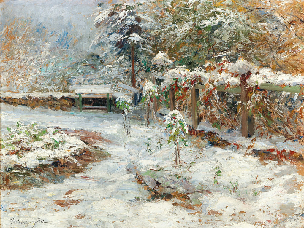 Pintura a óleo de Olga Wisinger-Florian, 'Winter in a Garden', retratando uma paisagem de jardim coberta de neve. Pinceladas espessas em tons de branco, marrom e verde. Há um banco de madeira e arbustos cobertos de neve.