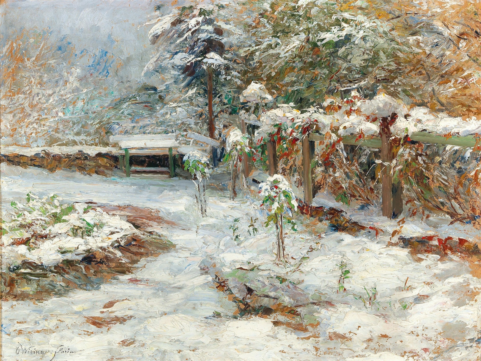 Pintura a óleo de Olga Wisinger-Florian, 'Winter in a Garden', retratando uma paisagem de jardim coberta de neve. Pinceladas espessas em tons de branco, marrom e verde. Há um banco de madeira e arbustos cobertos de neve.