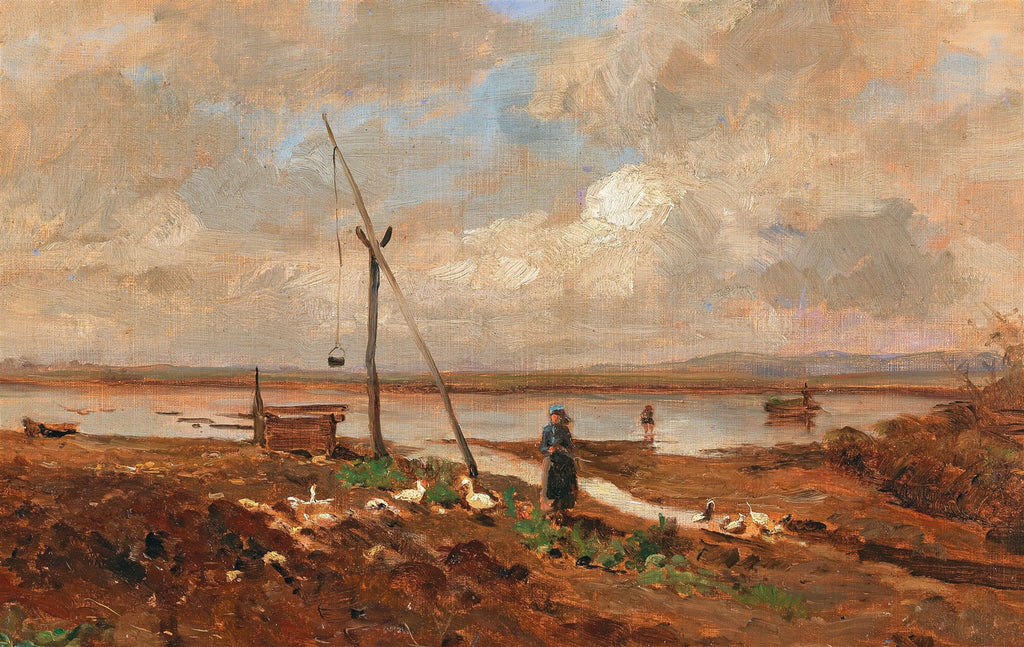 Pintura a óleo de Olga Wisinger-Florian representando uma cena rural com patos e figuras humanas perto de um lago ao pôr do sol.