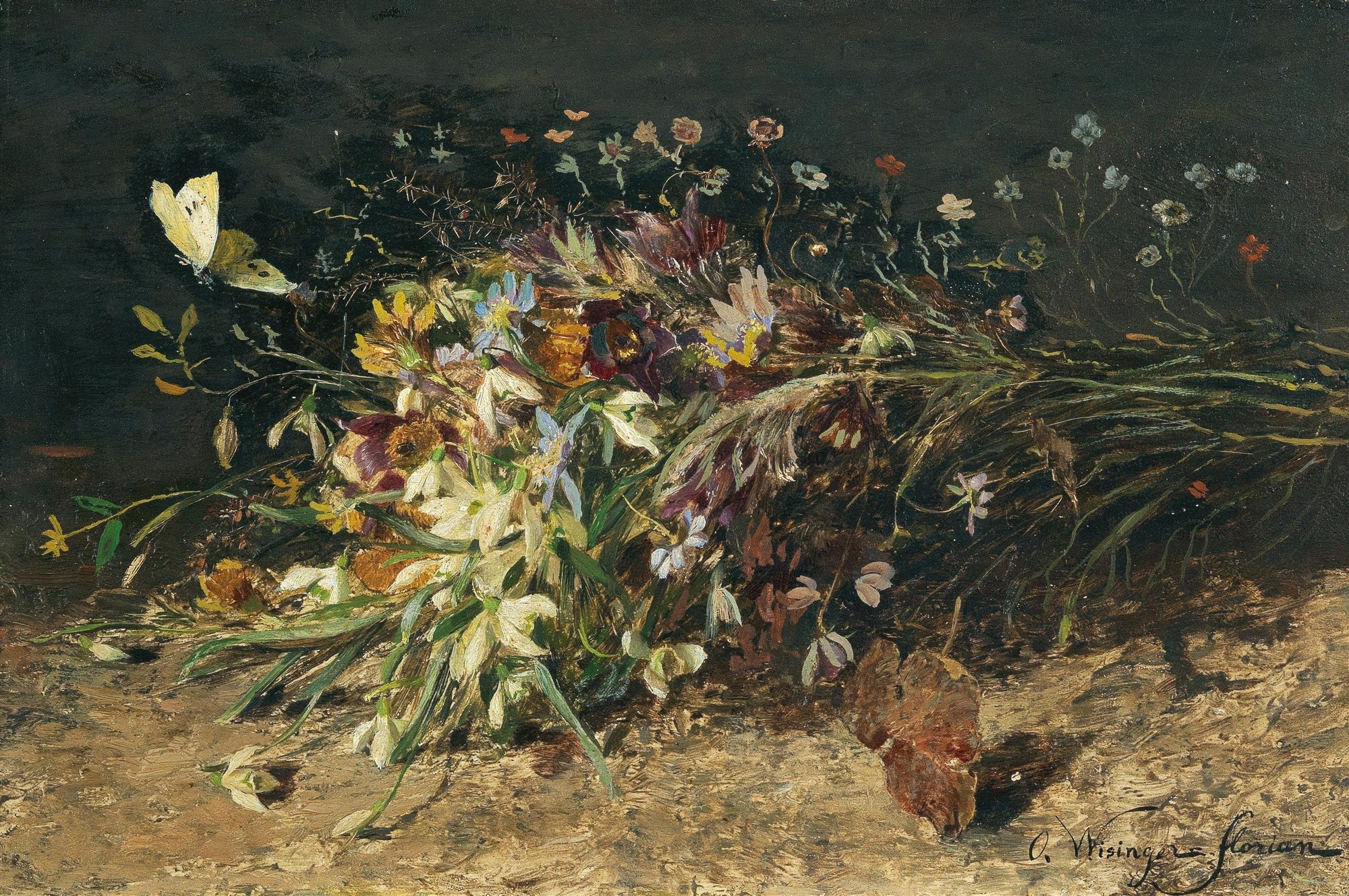 Quadro decorativo com um arranjo de flores campestres em tons de branco, roxo, amarelo e verde, com uma borboleta amarela voando acima, sobre um fundo escuro e uma superfície marrom texturizada. Pintura a óleo de Olga Wisinger-Florian.