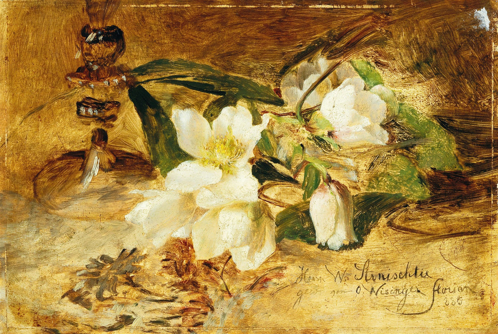 Pintura a óleo de Olga Wisinger-Florian com flores brancas e folhas verdes em primeiro plano, sobre um fundo dourado e texturizado. A pincelada é visível e expressiva, com detalhes de uma assinatura no canto inferior direito. A obra tem uma atmosfera luminosa e vibrante.