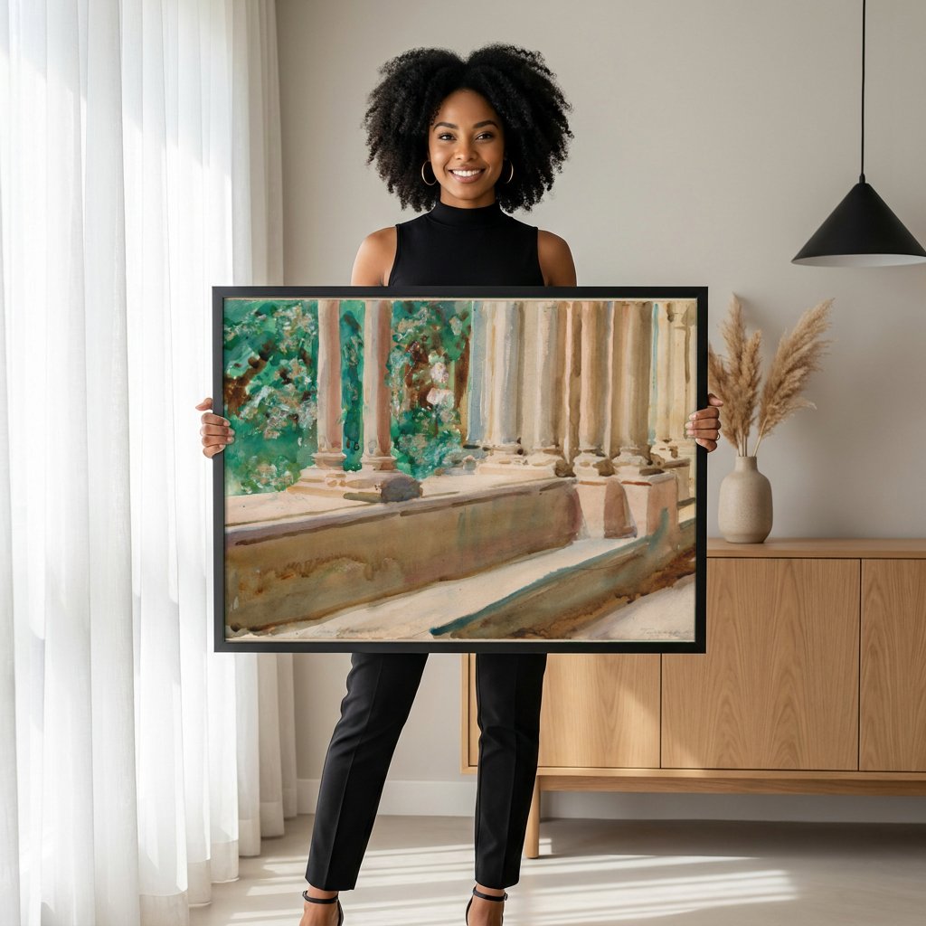 Quadro Decorativo Jardins e Colunas Romanas - John Singer Sargent com modelo em ambiente