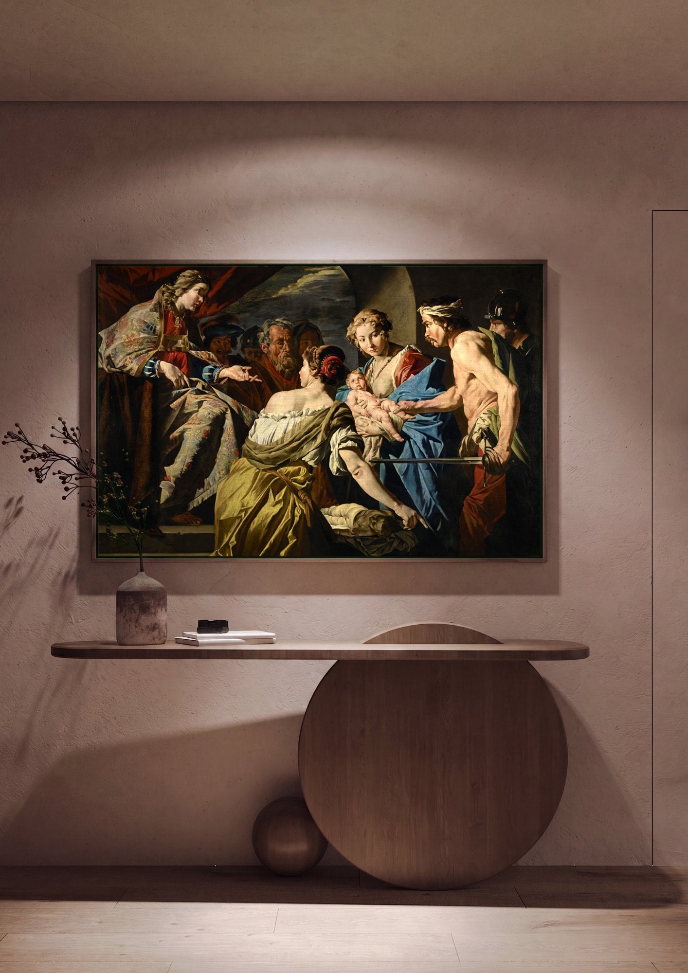 Quadro Decorativo O Julgamento de Salomão - Matthias Stomer em ambiente decorado