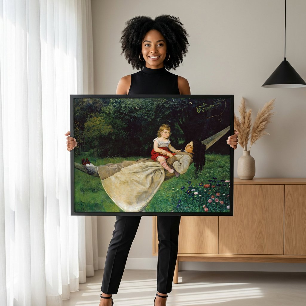 Quadro Decorativo A Rede - Hans Thoma com modelo em ambiente