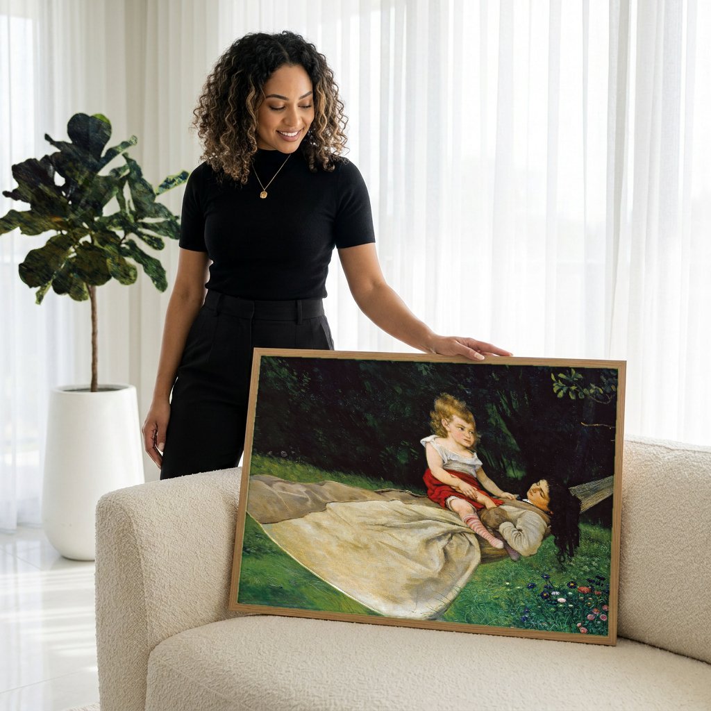 Quadro Decorativo A Rede - Hans Thoma com modelo em ambiente