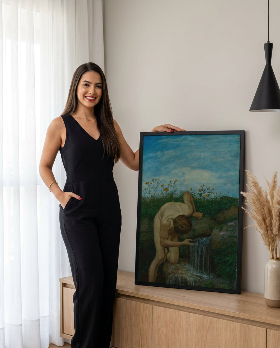 Quadro Decorativo A Fonte - Hans Thoma com modelo em ambiente