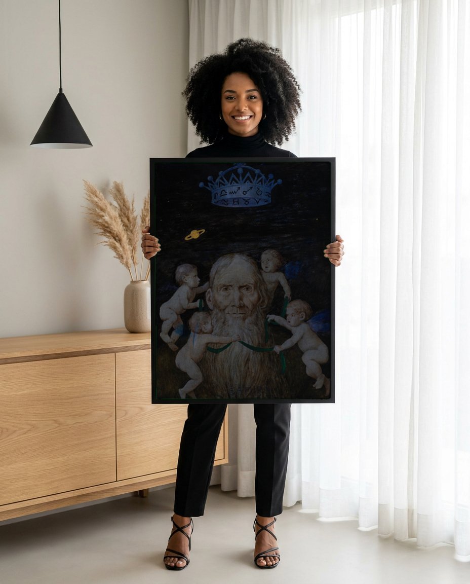 Quadro Decorativo 'Saturno' de Hans Thoma com modelo em ambiente