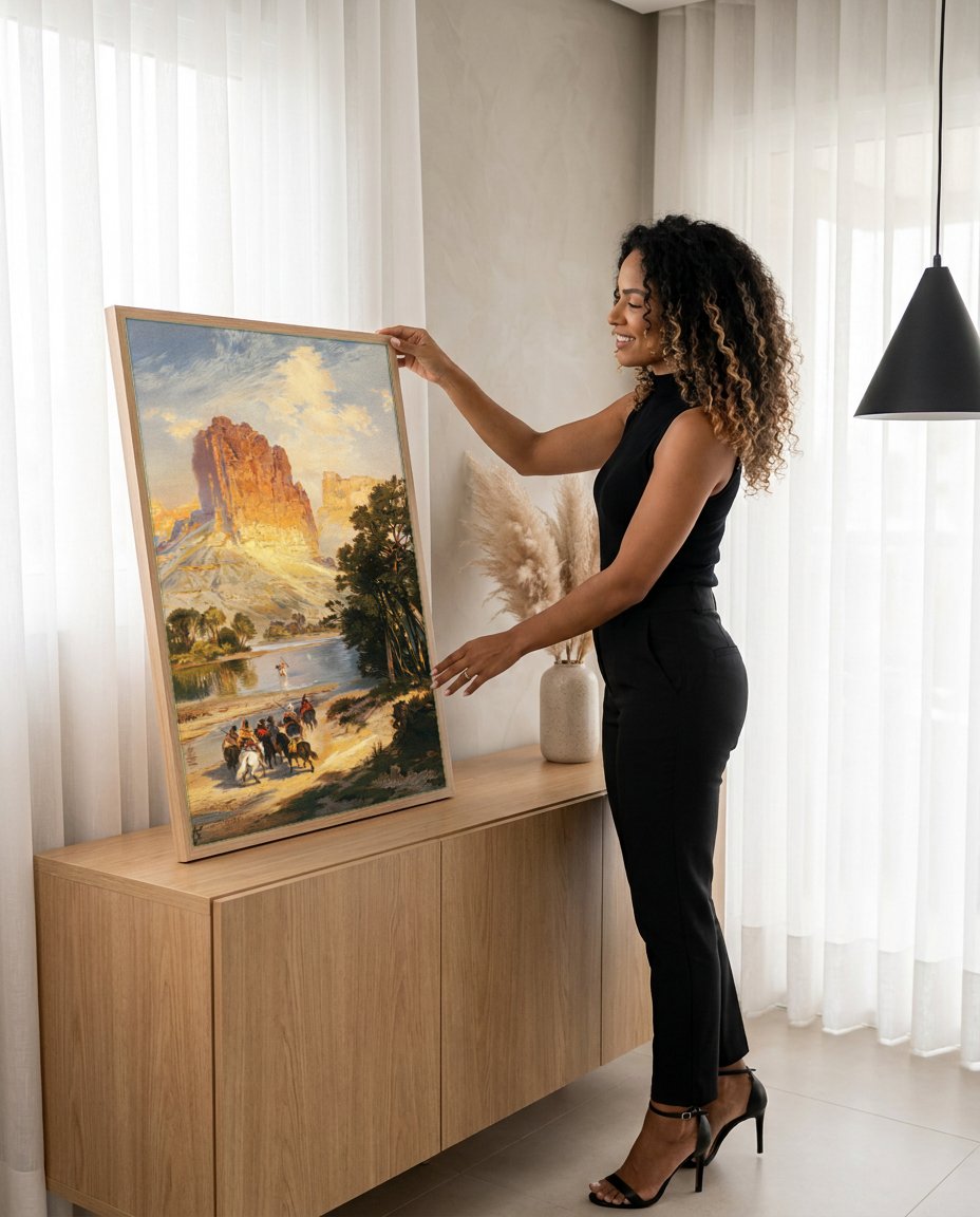 Quadro Decorativo A Chegada ao Rio - Thomas Moran com modelo em ambiente